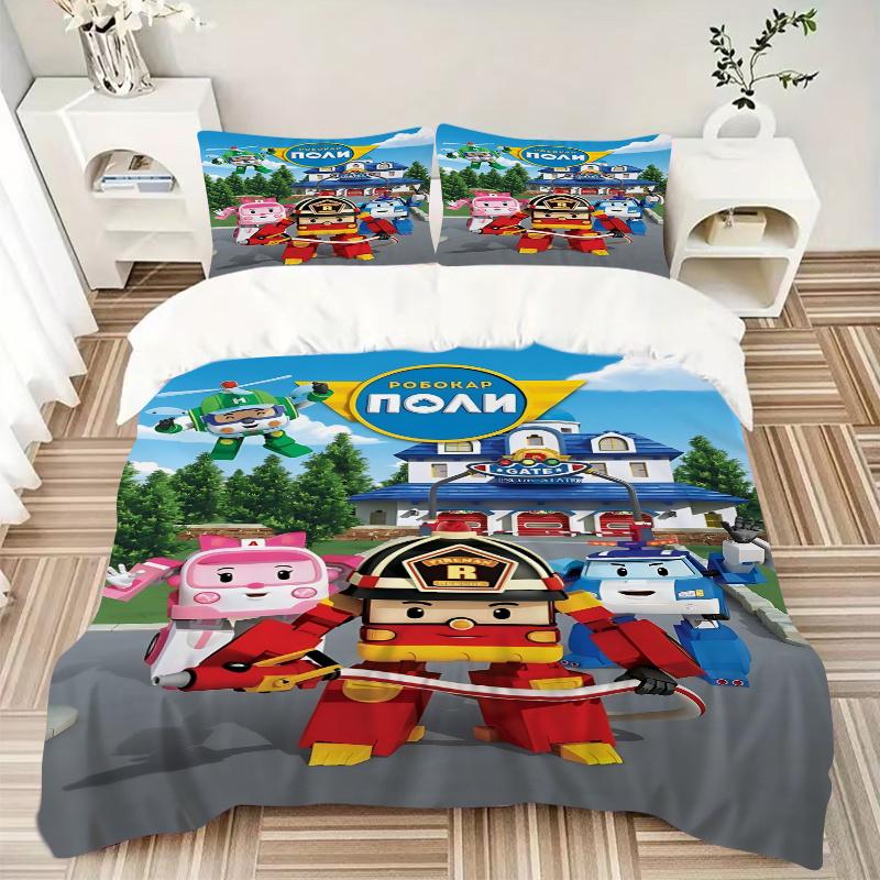 3 шт. Набор постельного белья Robocar Poli для домашнего декора - Универсальный трехсекционный комплект для спальни, гостевой комнаты, гостиной, отеля - Идеальный подарок для поклонников, Путешествия