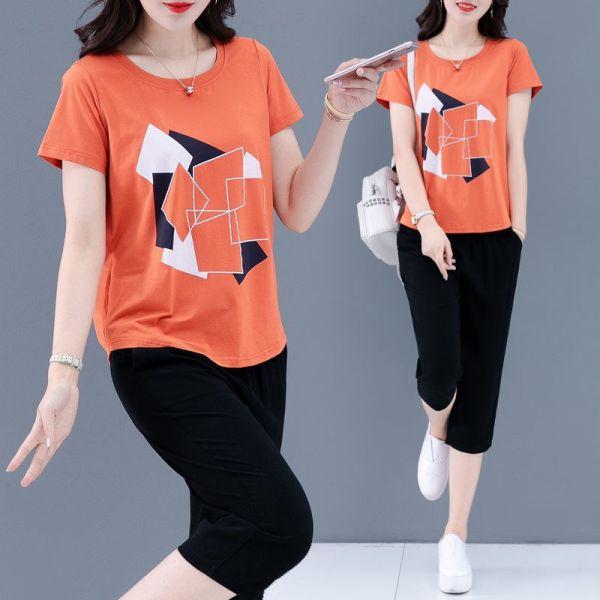 Женский летний модный комплект большого размера для похудения из двух предметов - топ с коротким рукавом и капри