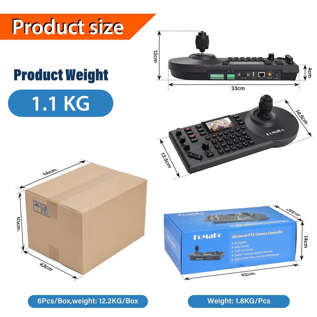 Контроллер FoMaKo PTZ, совместимый с PoE и 3-дюймовым ЖК-экраном, экран предварительного просмотра для потоковой передачи в реальном времени IP Visca PELCO RS232 RS485, совместимый с PTZ-камерой