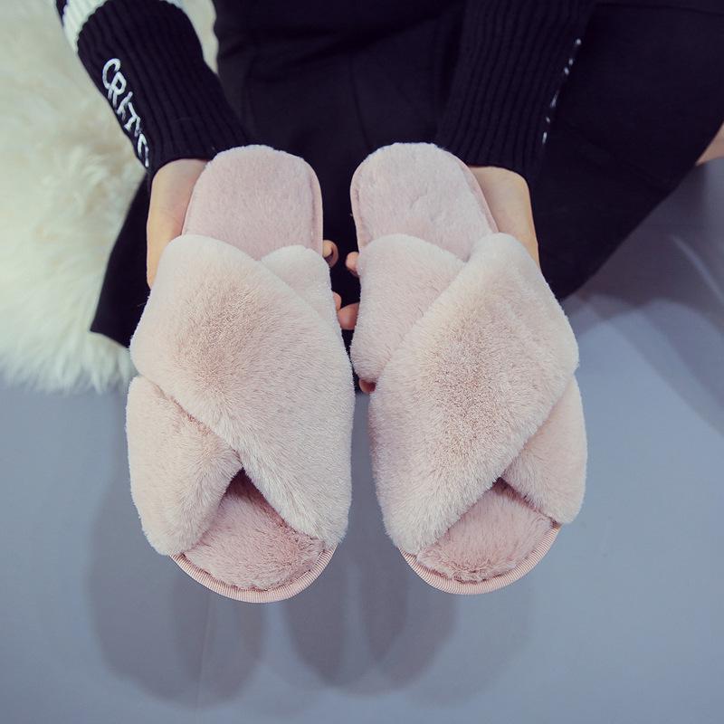 Women'S Plush Slippers Women'S Crossover Fur Slippers Casual Warm Cotton Drag