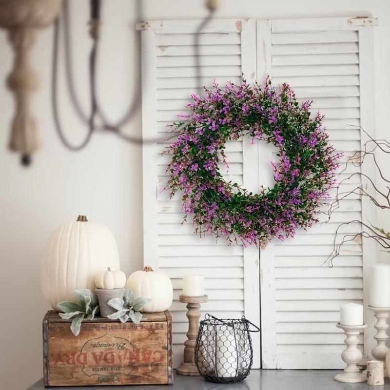 Artificial Spring Wreath PurpleFlower Wreath Eucalyptuses Flower Wreath for Front Door Wall Wedding Party Home