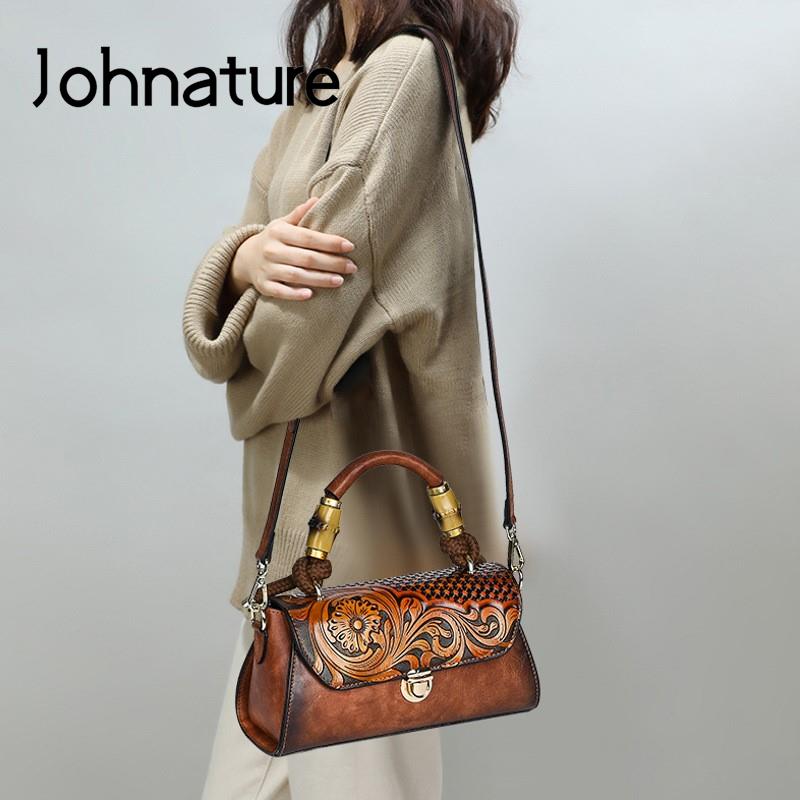 Johnature Women Bag Retro Leather Carving Craft Ladies Handbag Versatile Large Capacity Shoulder & Crossbody Bags