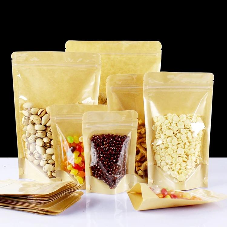 100PCS Clear Front Kraft Paper Zipper Storage Bag DIY Custom Logo Beaf Snack Candy Powder Coffee Spice Gift Packaging Pouches