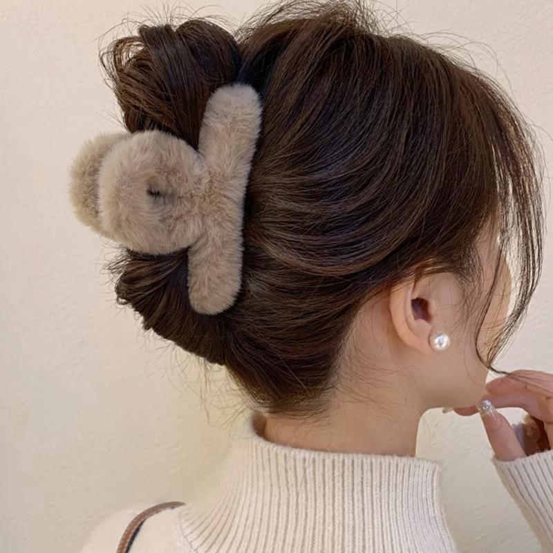 Мягкая молочно-кофейная серия пушистых плюшевых заколок для волос на затылке, теплые большие плюшевые заколки-акула, заколки-когти для волос