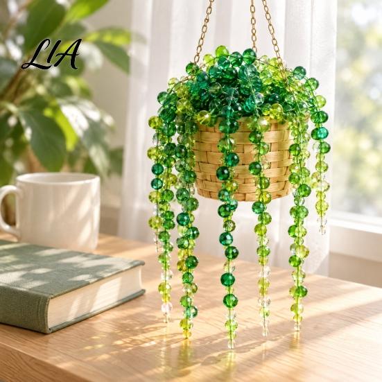 Home Decor Handicraft Beaded Plant DIY Kit, Green Bead Craft Art Hanging Crafting Kit for Teens Adults, Handmade Gift, Desktop Gift Idea