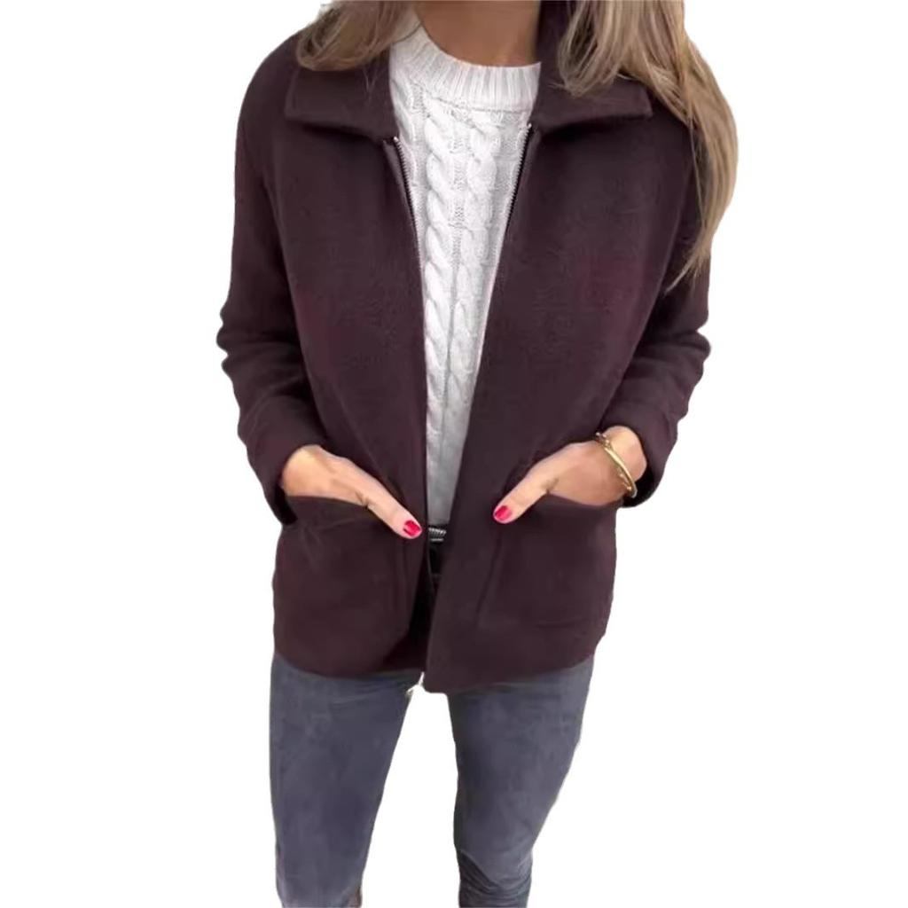 Women's Single-sided Tweed Fall and Winter Lapel Knit Zipper Casual Jacket