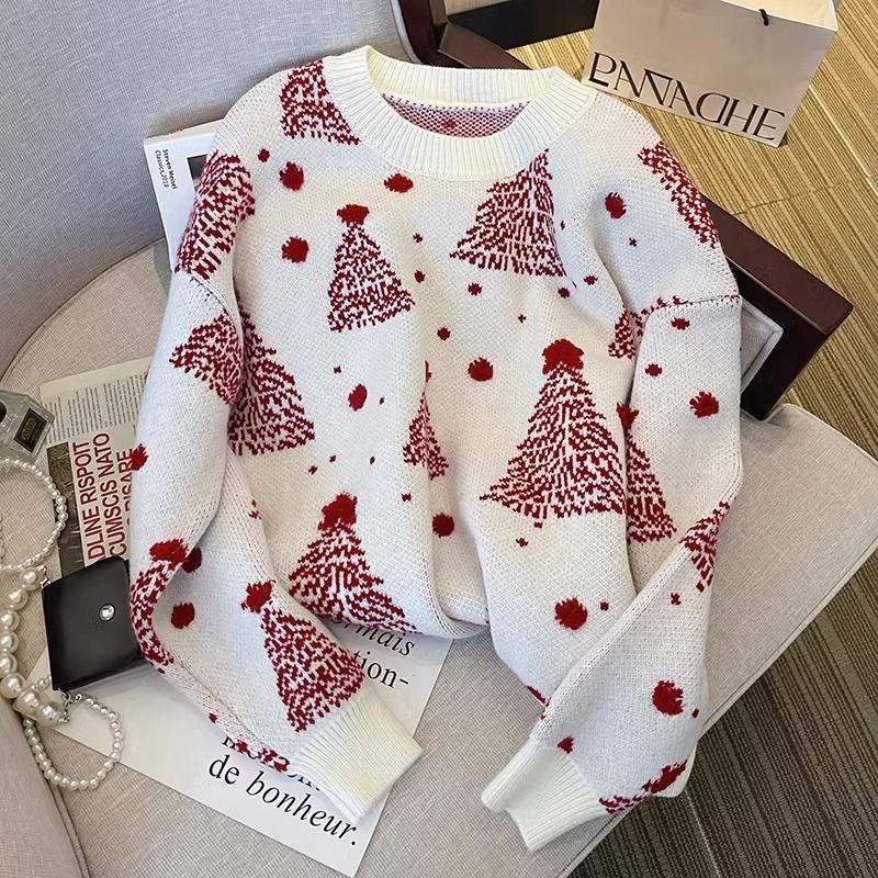 Sweater Women's Christmas Red New Round Neck Color Matching Jacquard Knitted Sweater To Keep Warm