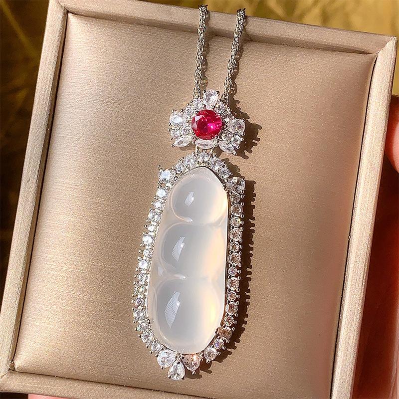 Jewelry Pendant Inlaid With White Ice Chalcedony String Beans Necklace Temperament Jade Pendant Pendant Female