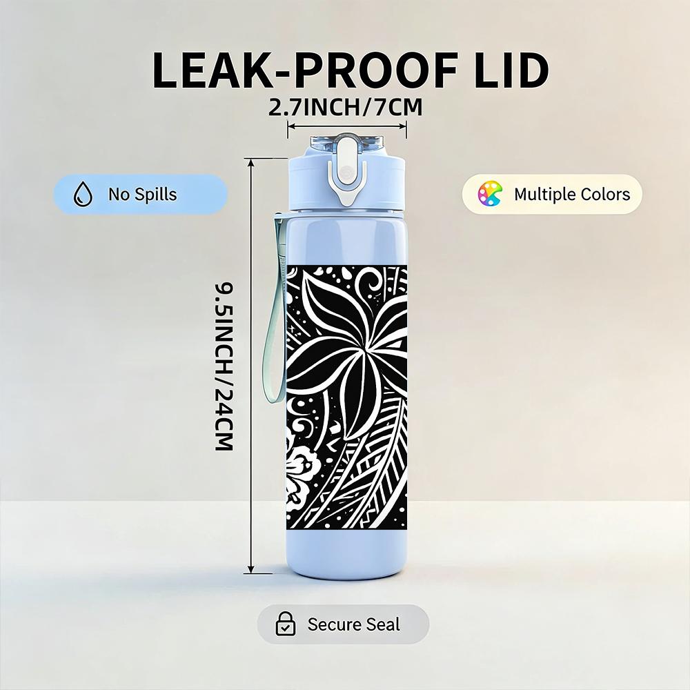 1PC Tropical Black Flower 750ml Color Plastic Sports Water Bottle Leakproof Flip Straw Lid For Sports Office Home Use