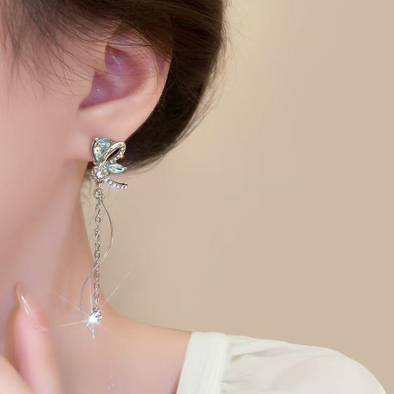 Корейские серьги-подвески с стрекозой Сладкие блестящие длинные серьги-клипсы Свадебные украшения