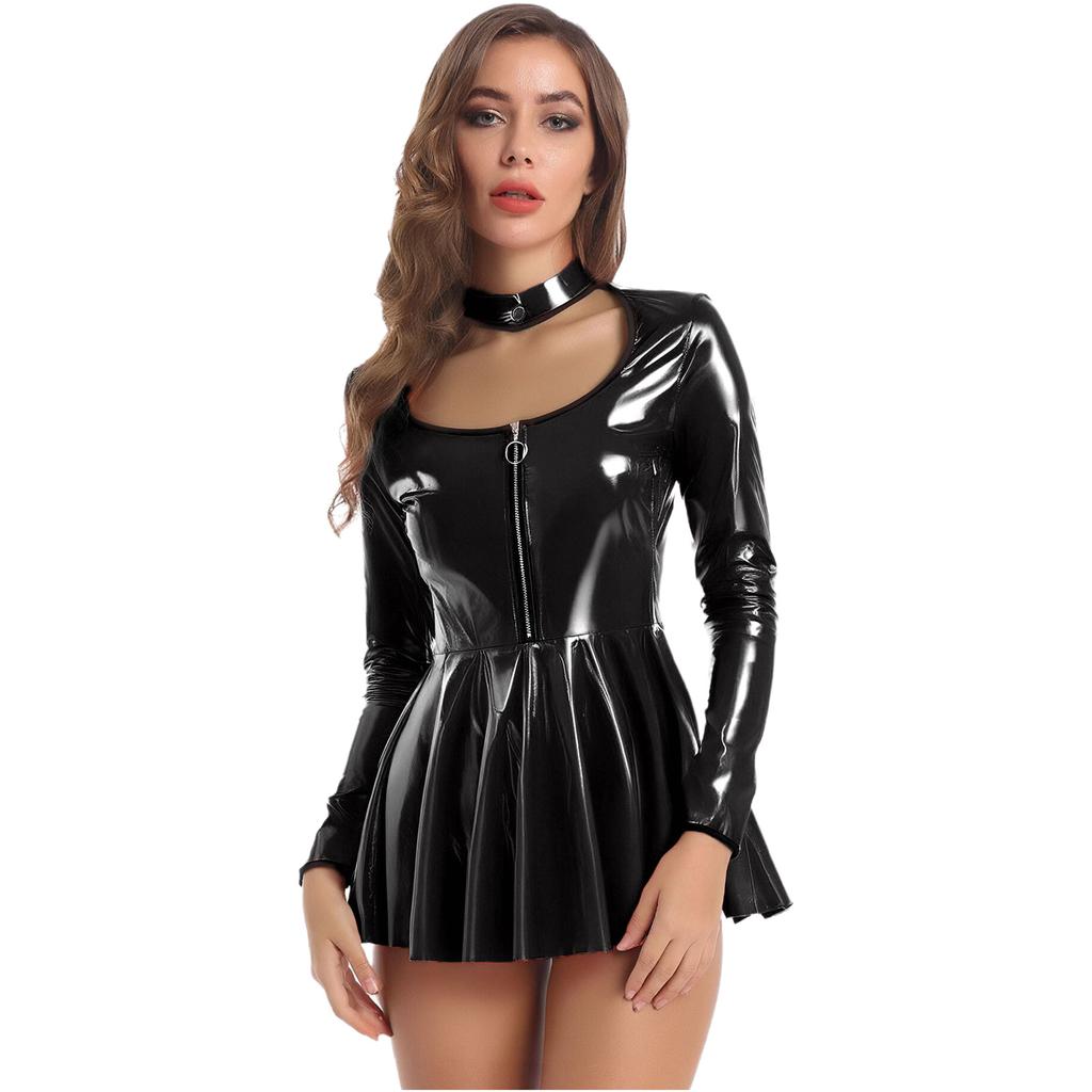 Women Latex Dress Deep V Neck Mesh Long Sleeves Mini Dress Shiny Faux Leather Dress Halloween Costume Rave Party Punk Club Wear