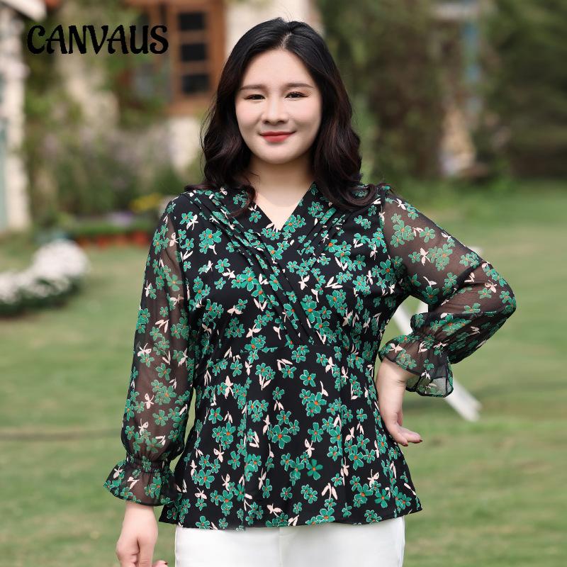 Плюс Размер Женский Весна Новый Шифоновый Цветочный Раструб Рукава Темперамент V-образный Вырез Топ