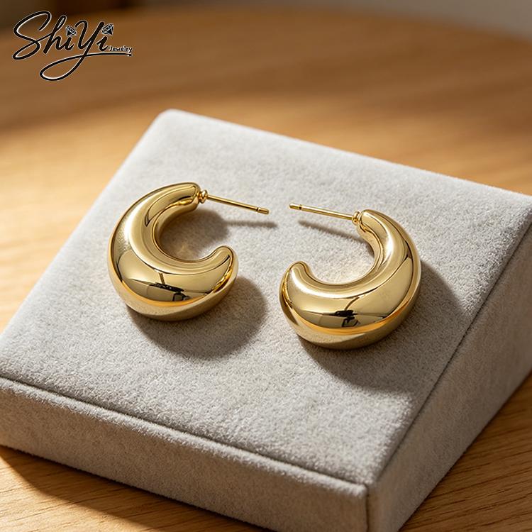 Classic Fashion Jewelry Anti-Tarnish 14K Gold Plated Copper Chunky C-Hoop Earrings Hypoallergenic Thick Hoops Gift