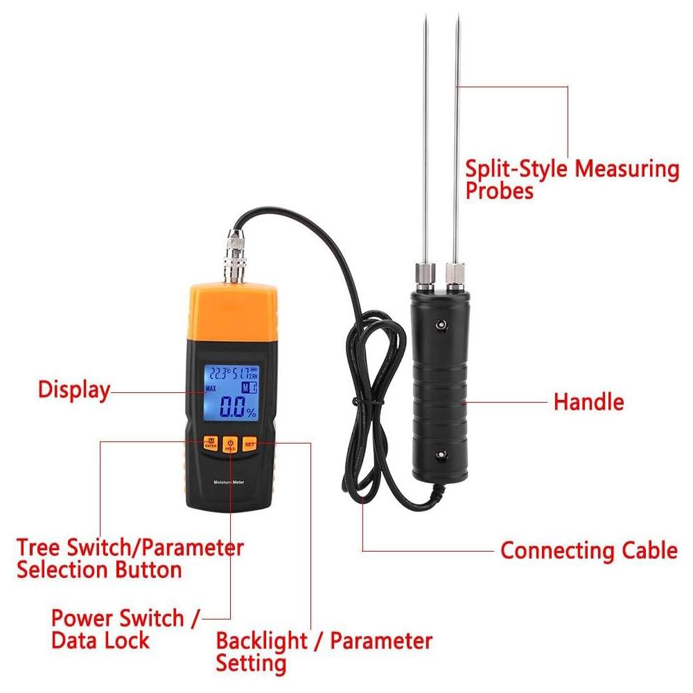 Digital Wood Moisture Meter Cotton Wood Humidity Tester 2~70% Portable Electrical Woodworking Hygrometer with Measuring Probe