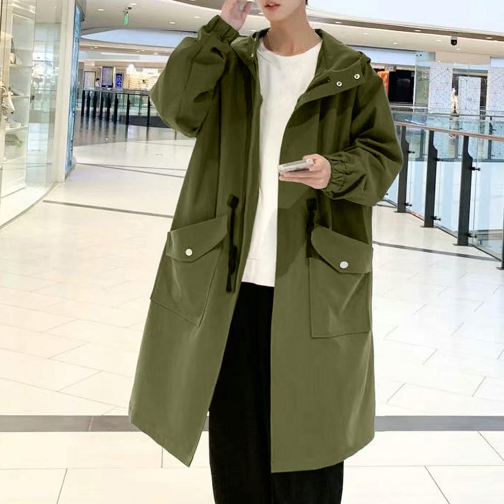 Men Trench Coat Hooded Loose Mid Length Big Pockets Long Sleeve Windproof Solid Color Zipper Closure Anti-wrinkle Elastic Cuff S