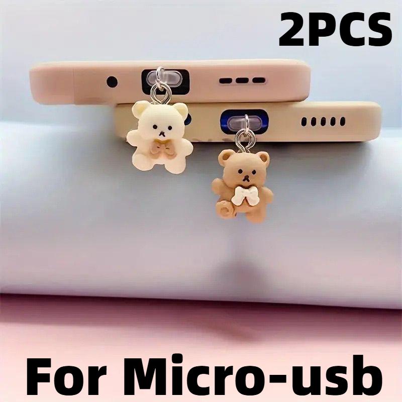 2pcs/Set Cartoon Bear Mobile Phone Dust Plug for IPhone Type-C Couple Dust Plug Accessory Decoration