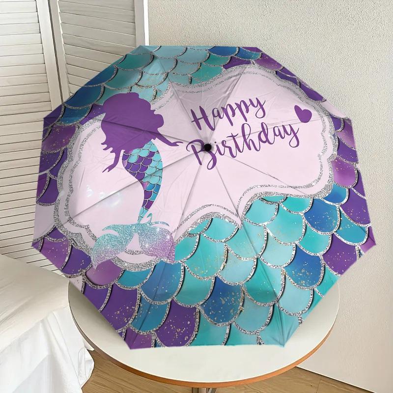1 шт. Автоматический складной зонт «Счастливого дня рождения» с русалкой, Прочная конструкция с 8 ребрами из железного каркаса, Подходит для путешествий, Ежедневного использования, Дня рождения, Декоративный подарок m0104036