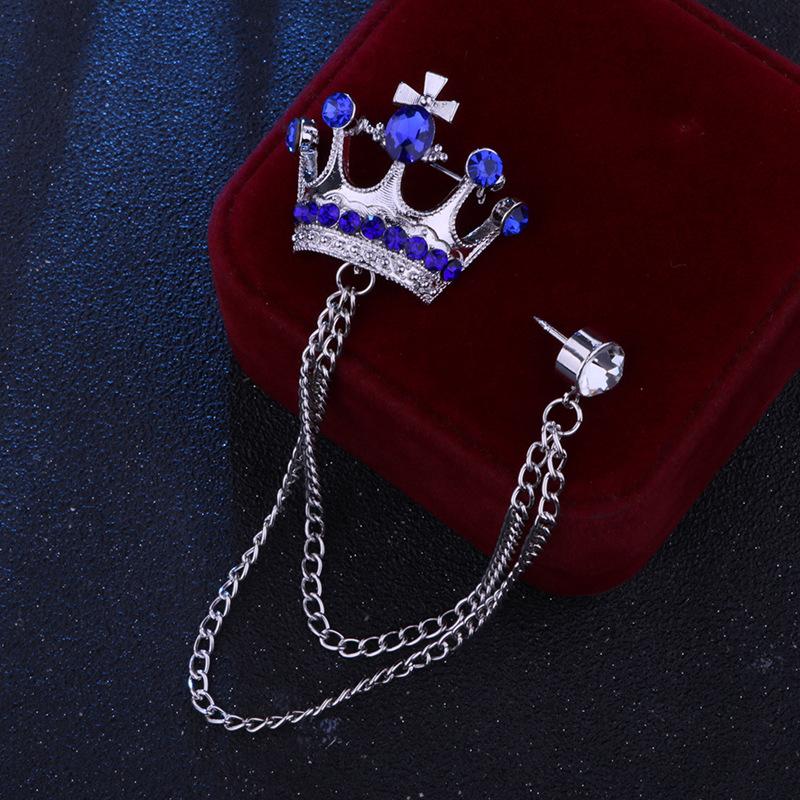 Crystal Men Brooch Pin Crown Fashion Collar Pins Suit Lapel Wedding Gift Jewelry Cross Chain