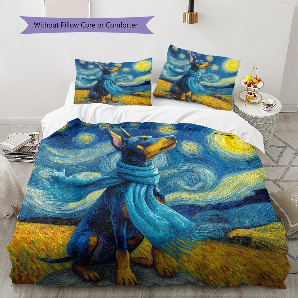 Dog Under Night Starry Sky Pattern Bedding Quilt Set Home Decoration Gift (1 * duvet cover + 2 * pillowcase without core)