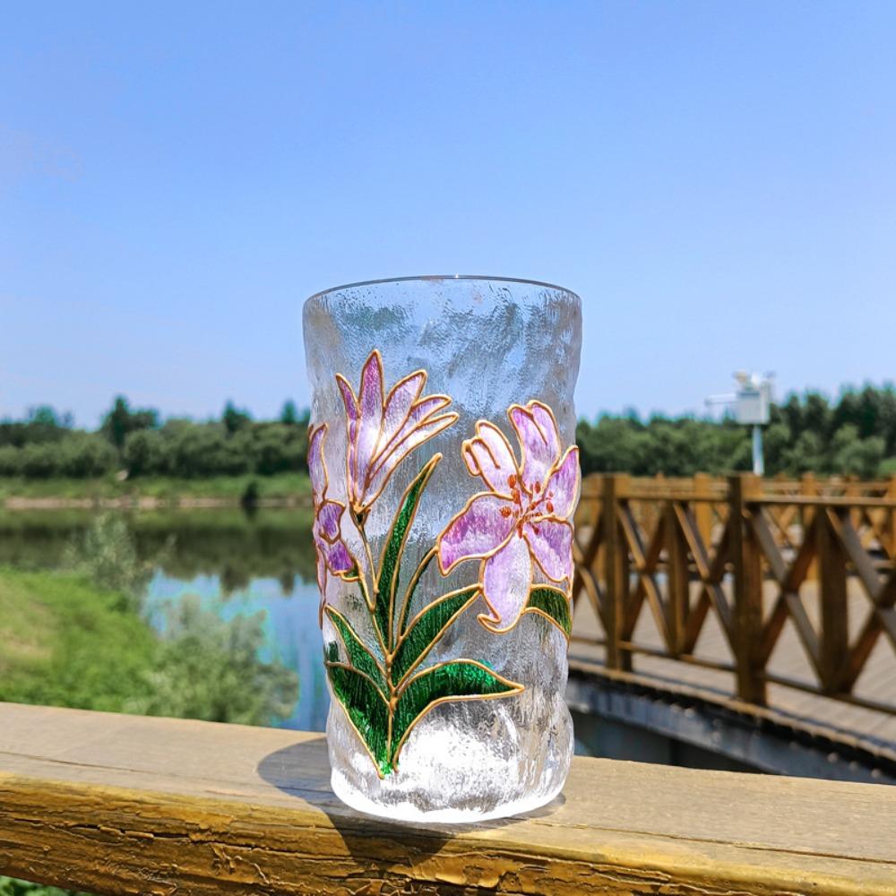 Glacier Texture Hand-Painted Glass Cup Flower Design Beer Cup Fashion Juice Cup  Tea Time