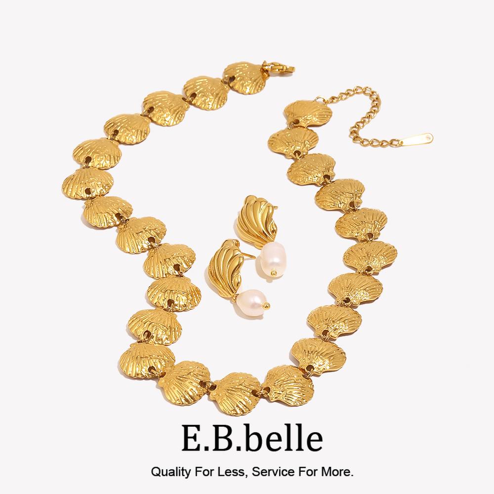 E.B.belle18K Gold Plated Fashion Shell Pearl Jewelry Sets For Women Girls Stainless Steel Hypoallergenic Necklace Earring