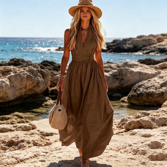 Summer Women Sleeveless Long Neck Slim Waist Dress Deep V Ruffle Swing Dress