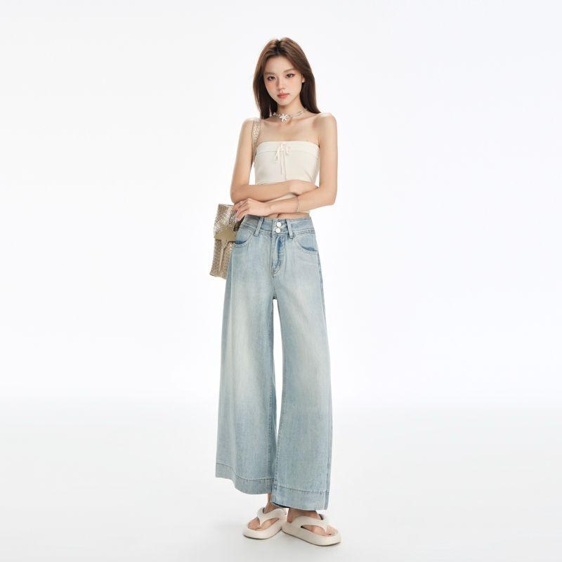 Lyocell Tencel Short Tall Waist Double Buckle Drop Feeling Ice Cool Narrow Version Wide Leg Nine Cent Jeans Female