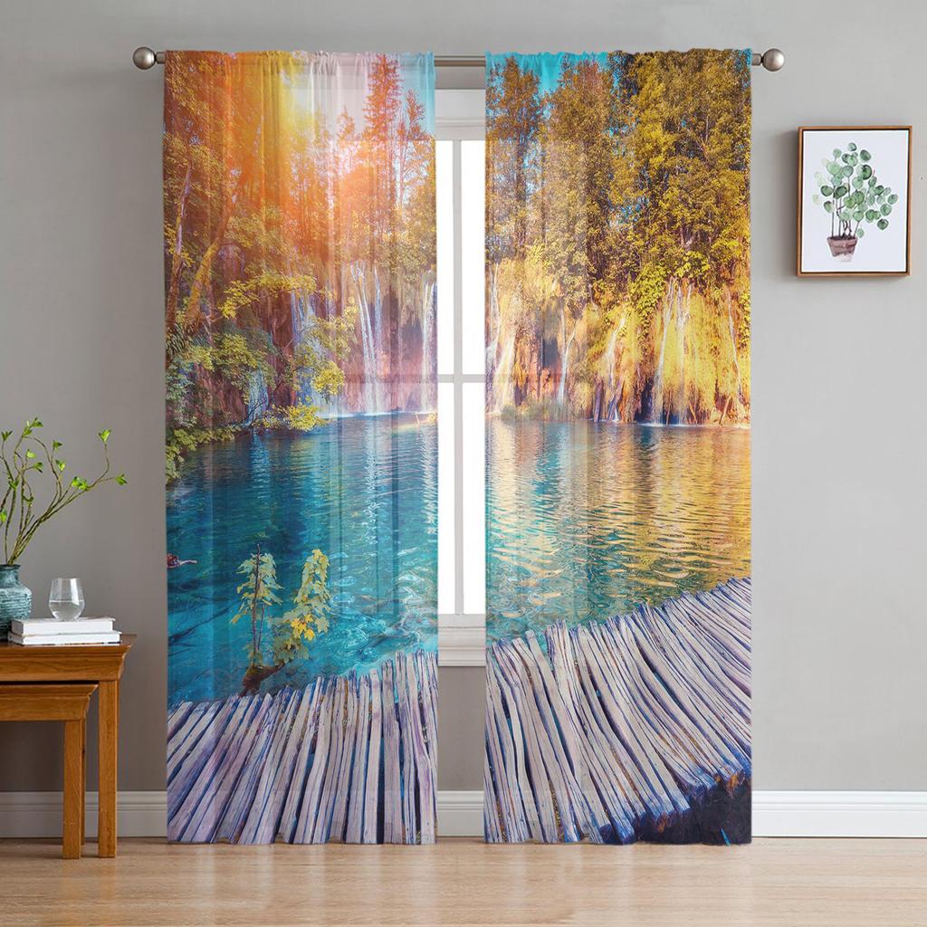 Lake Scenery Window Treatment Tulle Modern Sheer Curtains for Kitchen Living Room the Bedroom Curtains Decoration