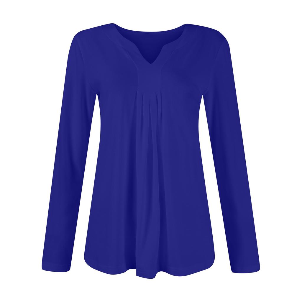 Женская мода повседневная рубашка с длинным рукавом, однотонные топы с V-образным вырезом