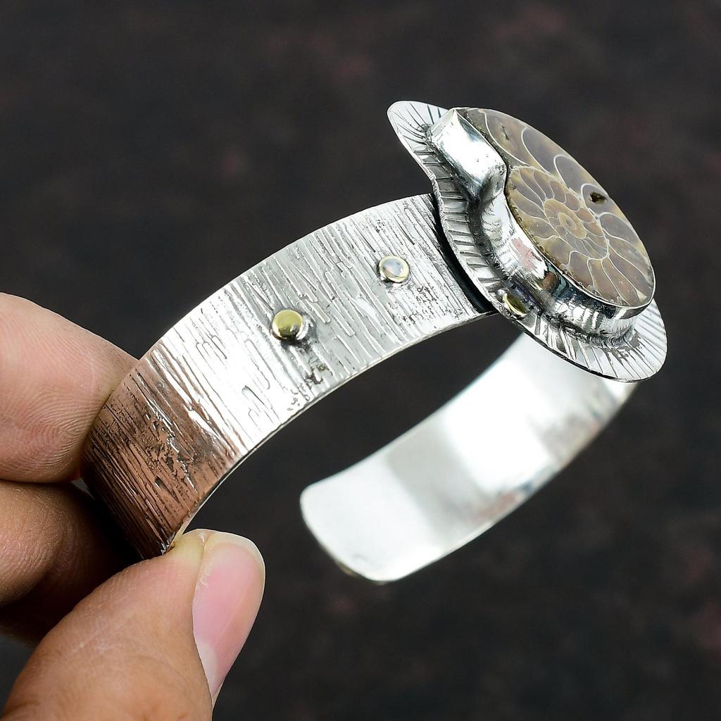 Ammonite Fossil Cuff Bracelet Gemstone Handmade Bangle 925 Sterling Silver Cuff Bracelet Adjustable Bangle Silver Jewelry Anniversary Gifts