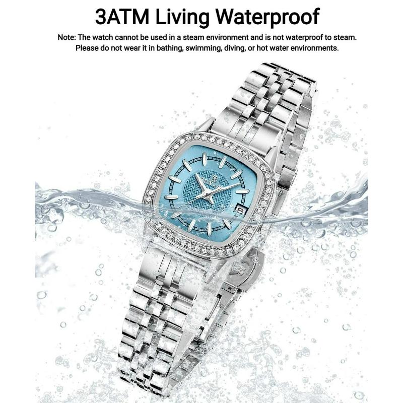 Women's Square Quartz Watch Diamond Bezel Rose Gold Silver Two Tone Stainless Steel Bracelet Calendar Ladies Wristwatch