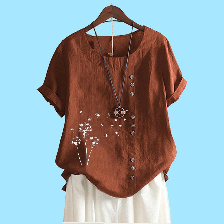 Женская мода хлопок льняной топ блузка лето и осень короткий рукав футболка женская повседневная цветочный принт свободная блузка