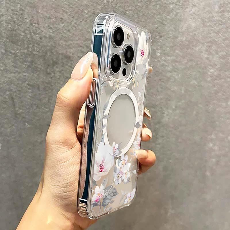 Магнитный Чехол Для iPhone 17 16 15 14 13 12 11 Pro X XS Max XR 7 8 Plus 16E Беспроводная Зарядка Прозрачный Чехол Для Телефона Цветочный Дизайн