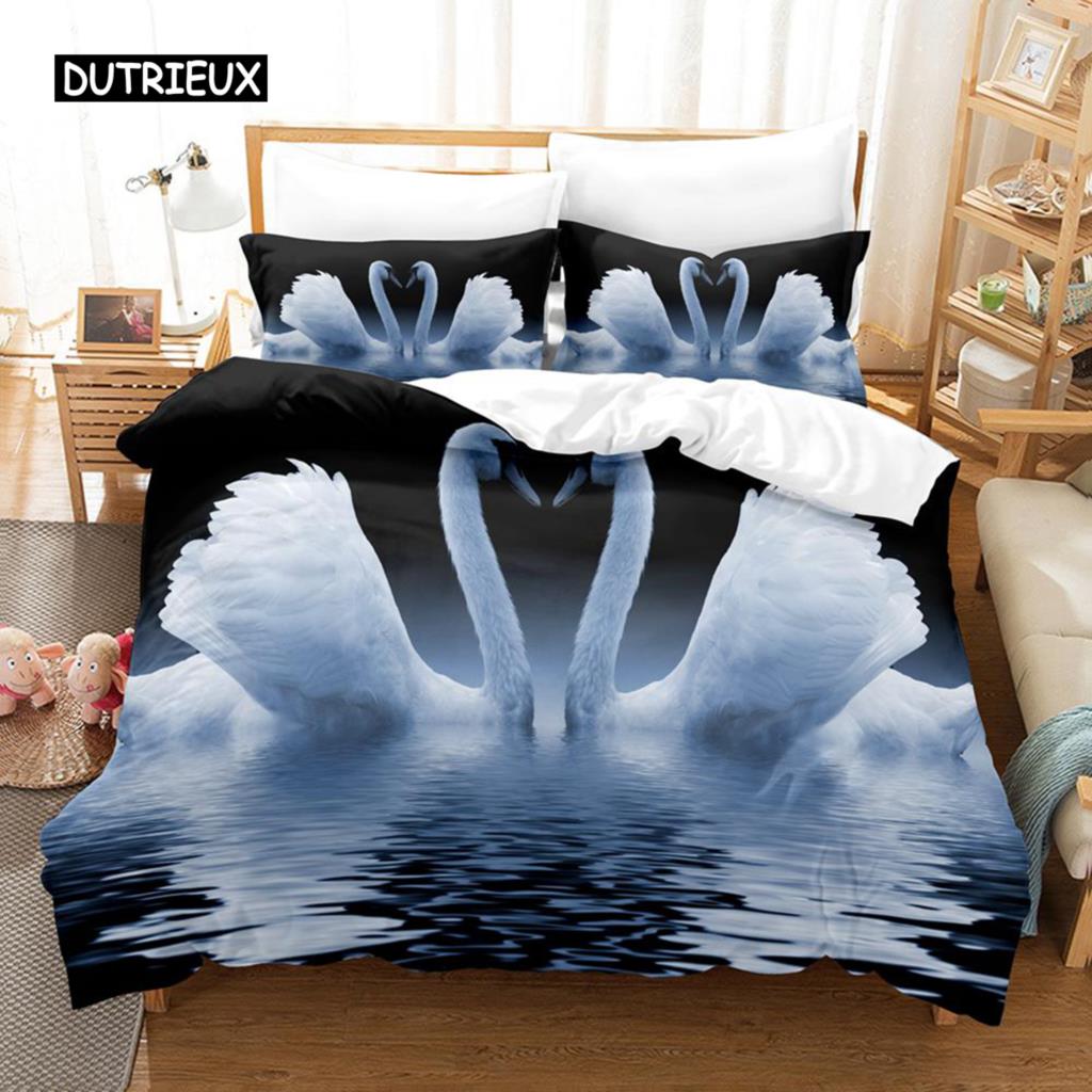 Пододеяльник с изображением лебедя, комплект постельного белья для близнецов, комплект постельного белья из микрофибры, размер Queen King, птицы, романтический стиль, пододеяльник с изображением диких животных для девочки и мальчика