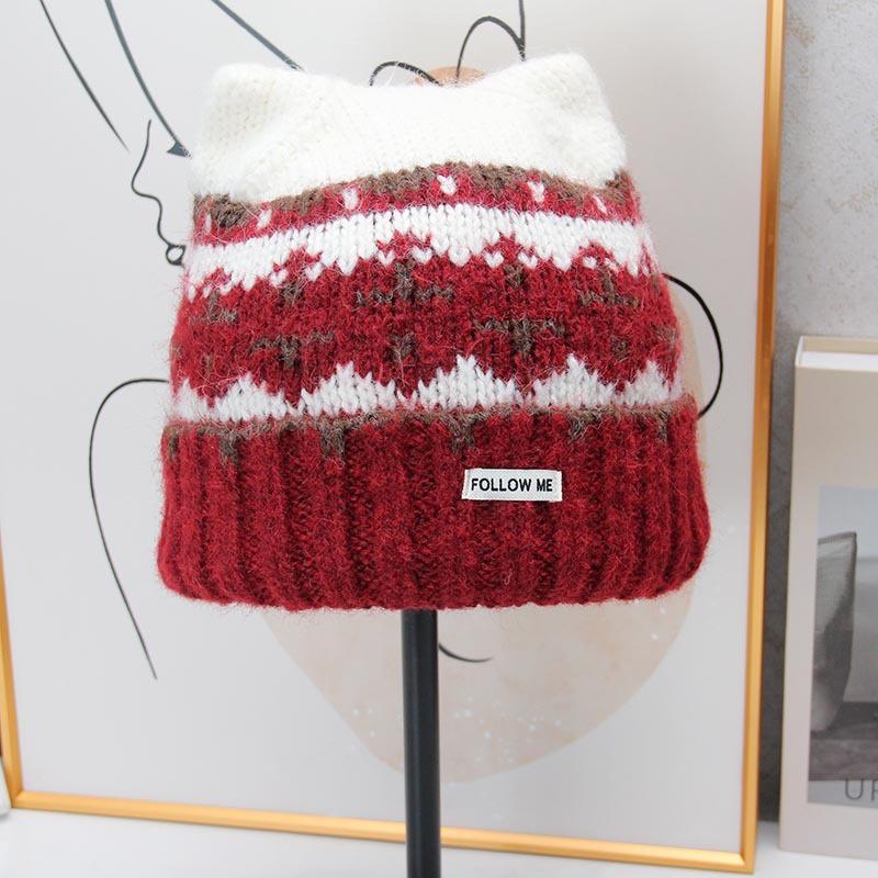 Cute cat ear wool hat Nordic style jacquard knitted hat women's autumn and winter outdoor warm cover loose thickened hat tide