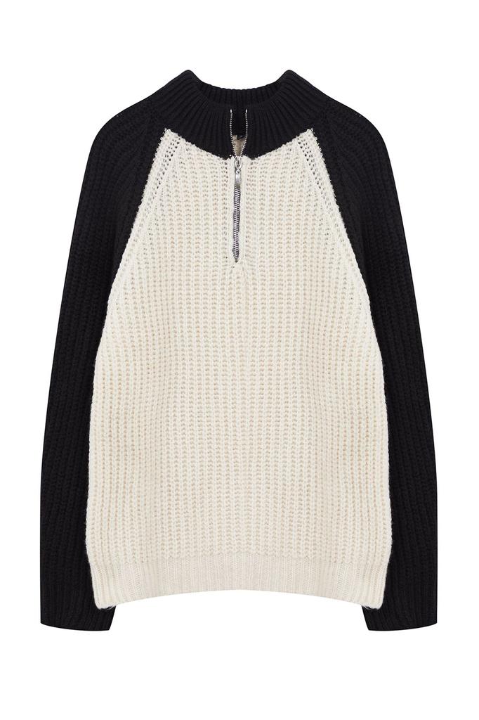 Women's Fashion Stylish Sweater Black Color Block Zippered Knitwear Sweater