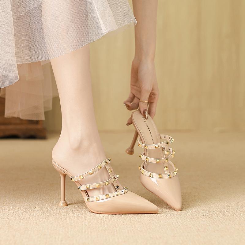 Fashion and Sexy Pointed High Heels Stiletto Women's Sandals Spring and Autumn New Patent Leather Rivets Half Slippers