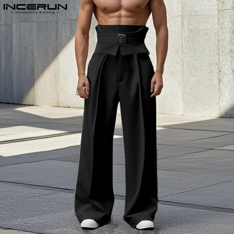 INCERUN Весенние мужские брюки на молнии с высокой талией, однотонные, широкие, длинные брюки
