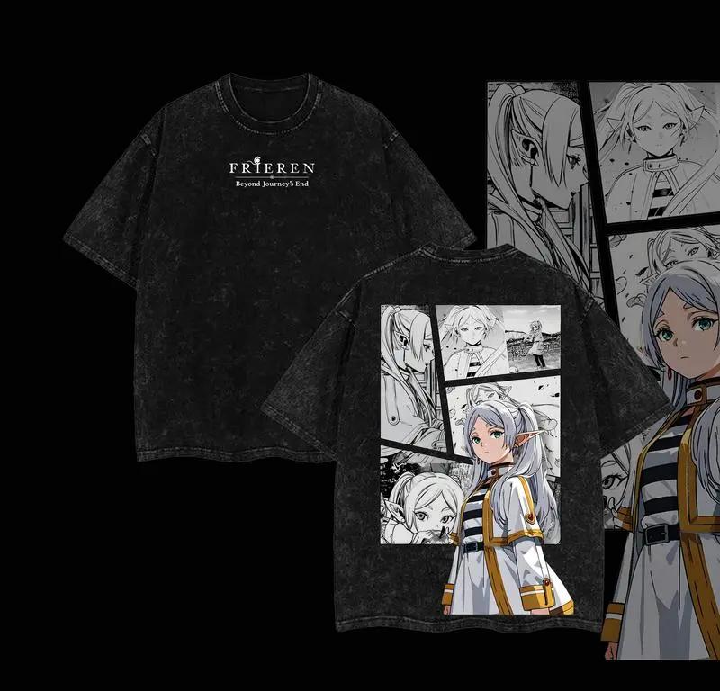 Футболка Фрирен Мужская Стиранная Оверсайз Хлопок Аниме Повседневная С коротким рукавом Удобная Мягкая Одежда Свободная Высокое Качество Женская Мужская Футболка