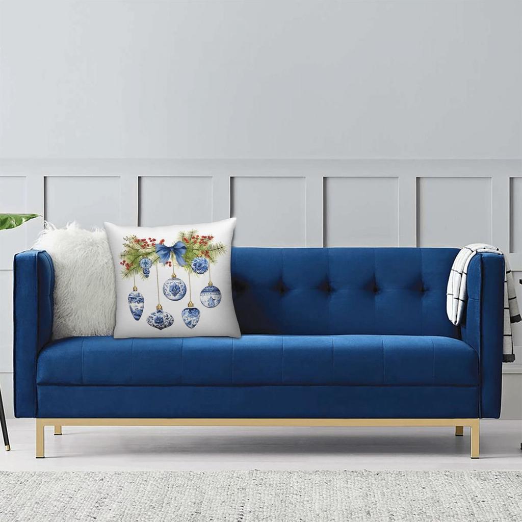 Blue Chinoiserie Christmas Pillowcase Printing Polyester Cushion Cover Decorative Throw Pillow Case Cover Bed Zipper 40*40Cm