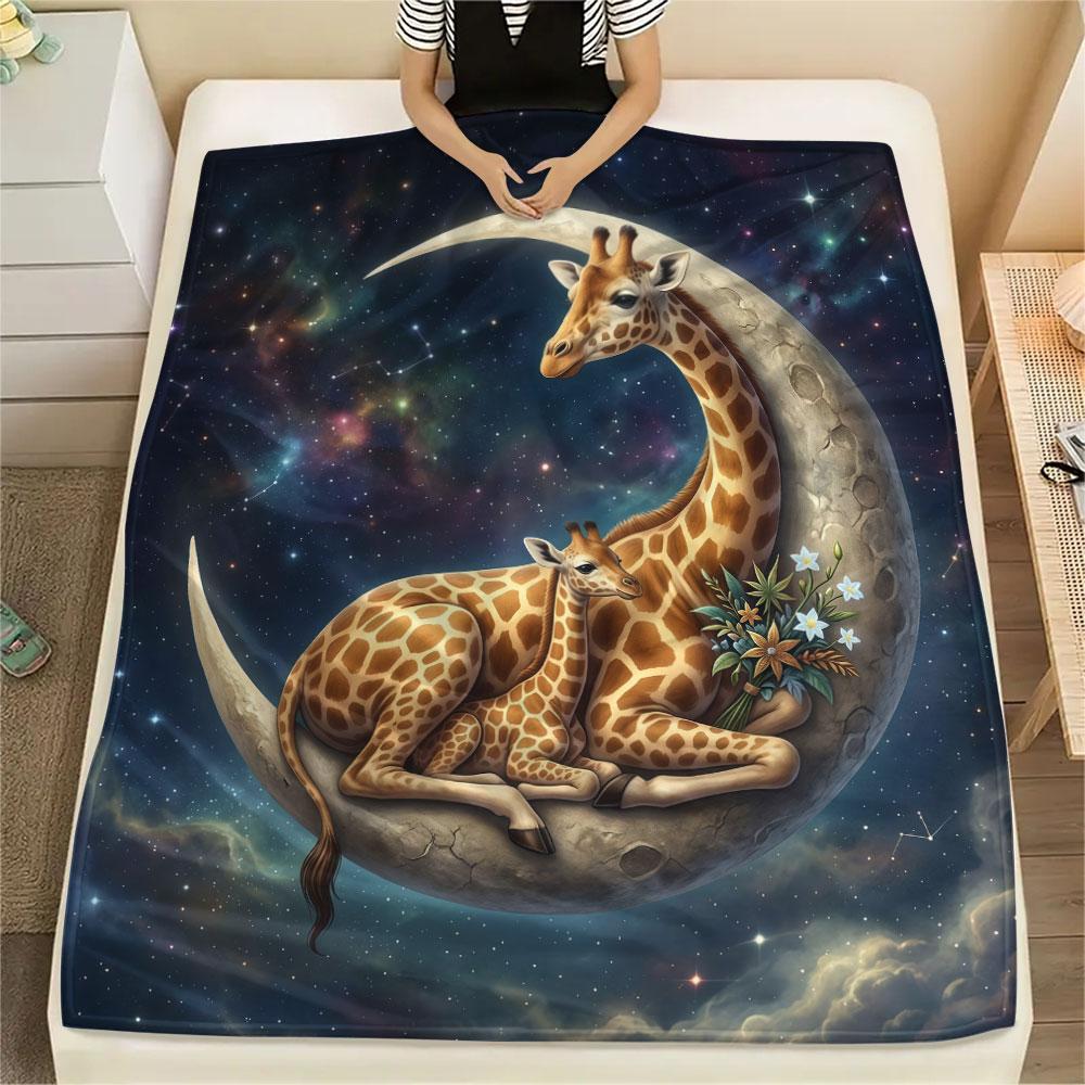 1PC Giraffe Moon Night New Patterned Flannel Blanket High quality All Seasons for Lunch Break Warmth and Comfort Halloween Gifts Ideal Gift
