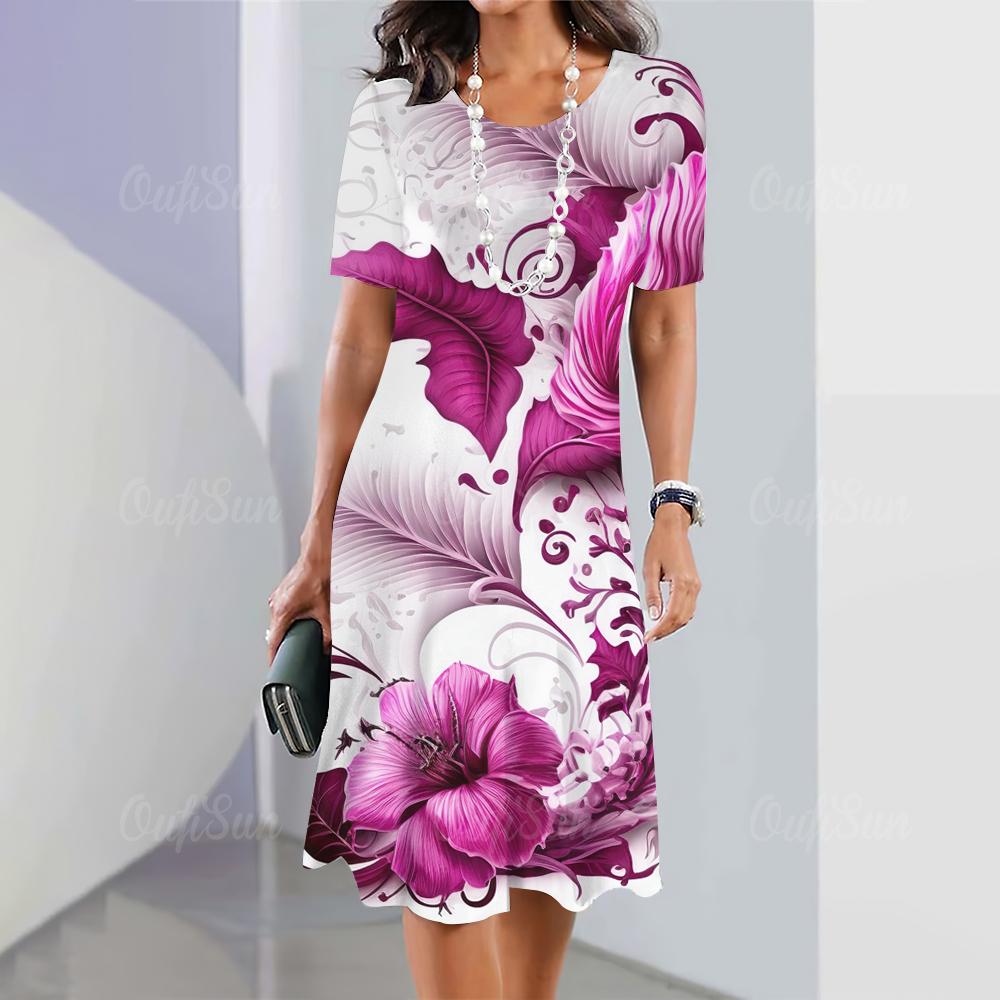 Летние женские платья с 3D-принтом в виде цветов с коротким рукавом, элегантная свободная юбка А-силуэта, модное женское платье большого размера