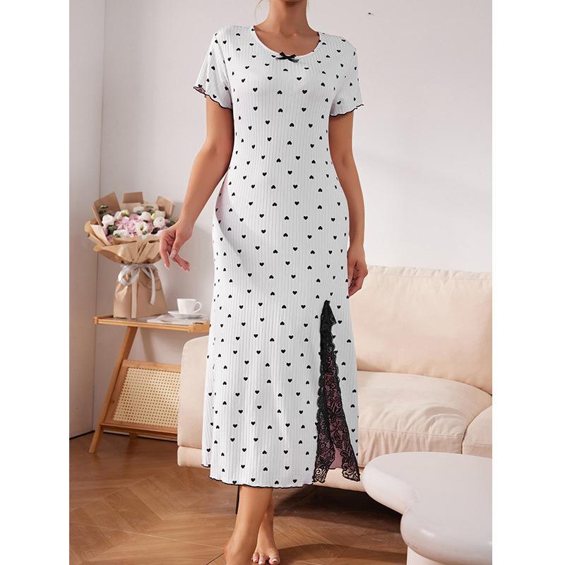 Summer Pink Lace Patchwork Heart Print Long Sleepdress Homewear Women Casual Slim Nightgown Ladies Nightdress Woman Loungewear