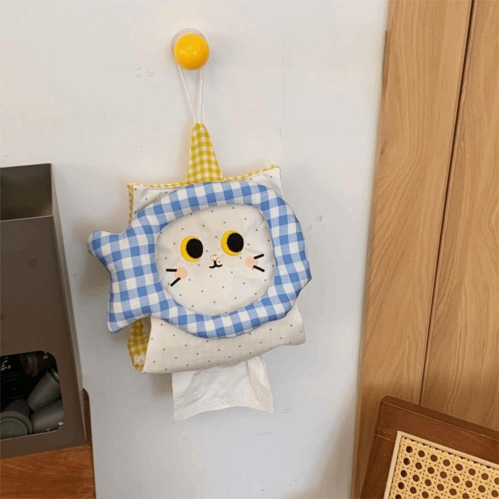 Retro Cartoon Cat Fabric Tissue Cover Soft Decorative Wall Mounted Paper Bag Universal Space Saving Napkin Storage Pouch
