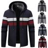 Men's Hooded Striped Plush Thickened Long Sleeve Cardigan Sweater Warm Knitted Sweater