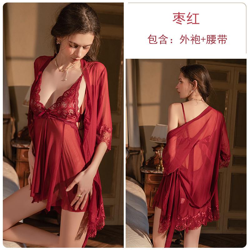 Women's Lace Bow Lace Up Backless Cami Sleep Dress with Robe Lounge Set