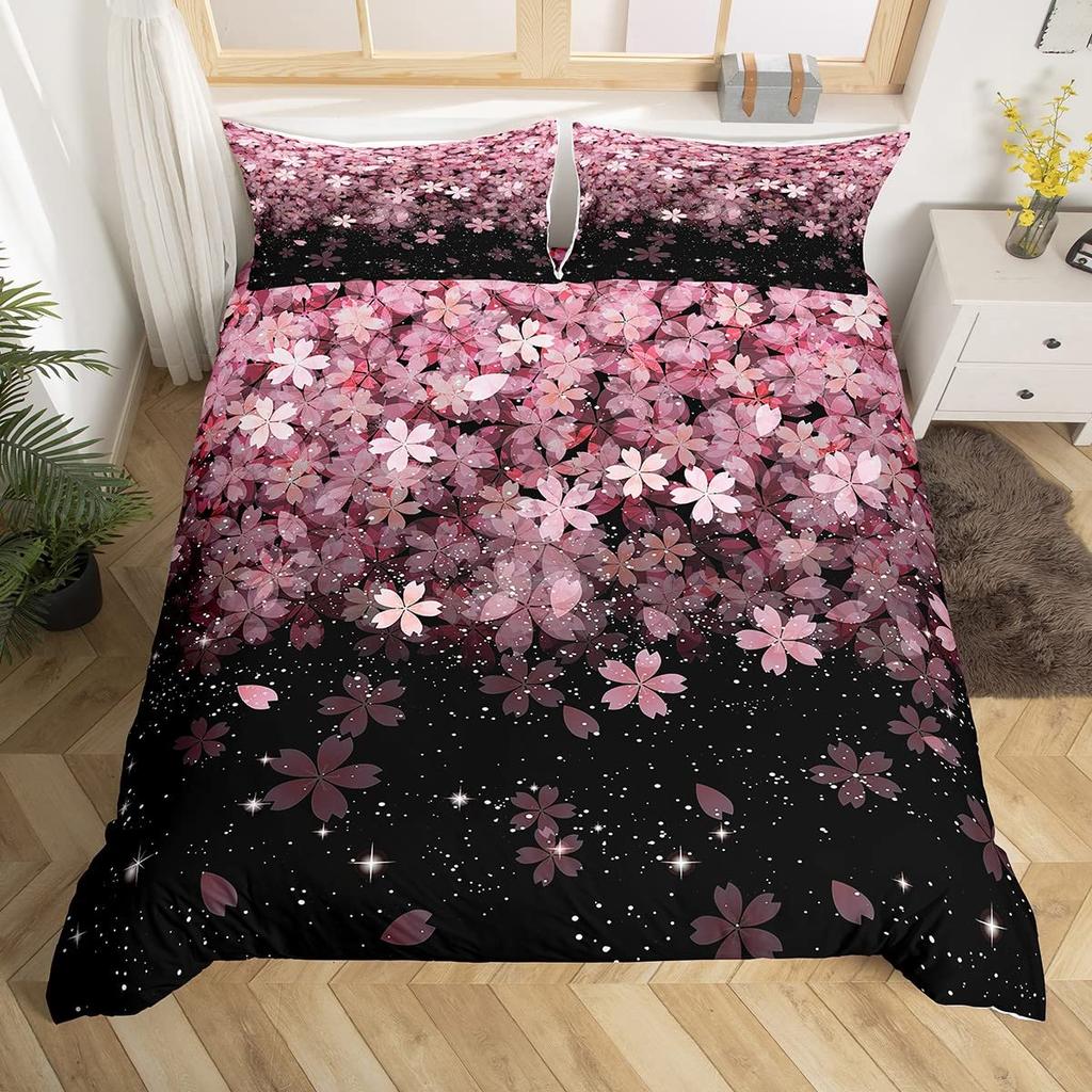 Cherry Blossoms Duvet Cover King/Queen Size,Japanese Sakura Tree Pink Floral Spring Vintage Cultural Bedding Set for Women Girls