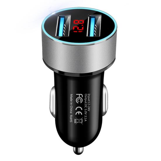 Автомобильное зарядное устройство 3.1A, двойной USB-порт, быстрая зарядка, адаптер для мобильного телефона из алюминиевого сплава с ЖК-дисплеем для телефона