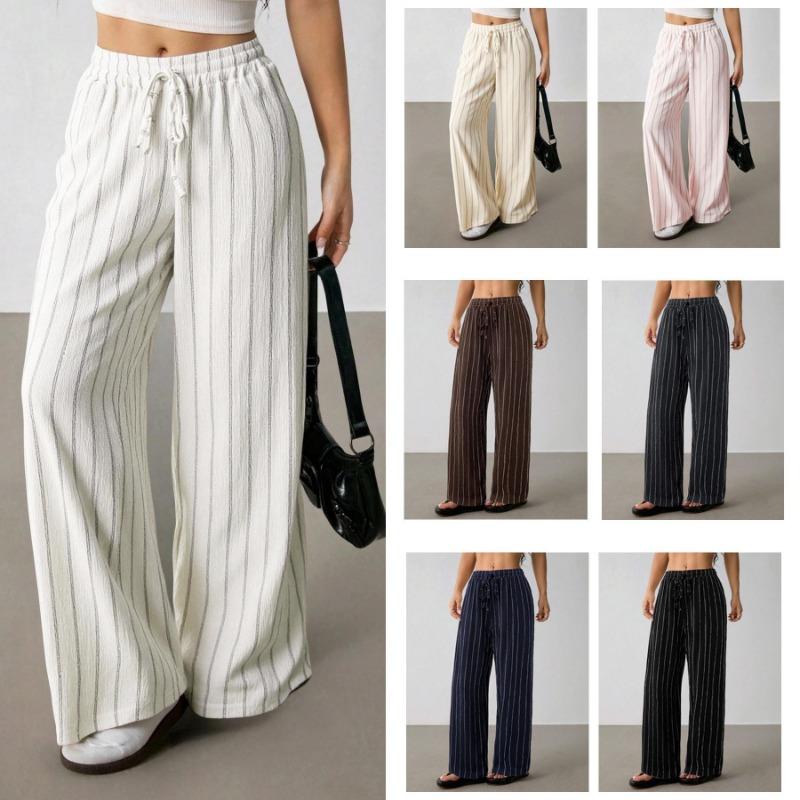 Womens Striped Wide Leg Pants Loose Casual Drawstring Elastic Waist Contrast Color Multicolor