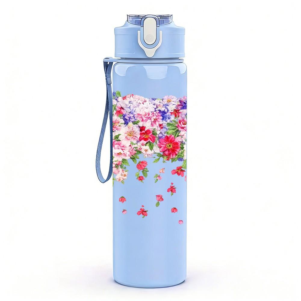 1PC Falling Pink Rose Floral Spray Print 750ml Color Plastic Sports Water Bottle Leakproof Flip Straw Lid Suitable for Sports Office Home Use